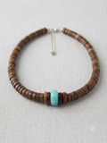 Coconut Disc & Turquoise Gemstone Necklace – Adjustable 16" to 18"