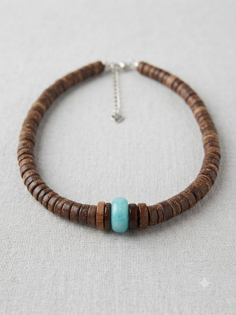 Coconut Disc & Turquoise Gemstone Necklace – Adjustable 16" to 18"