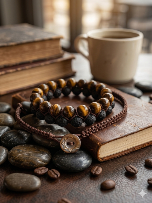 Artisan Braided Macramé Gemstone & Lava Rock Bracelet (8mm) with Coconut Clasp