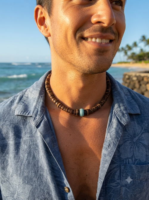 Coconut Disc & Turquoise Gemstone Necklace – Adjustable 16" to 18"