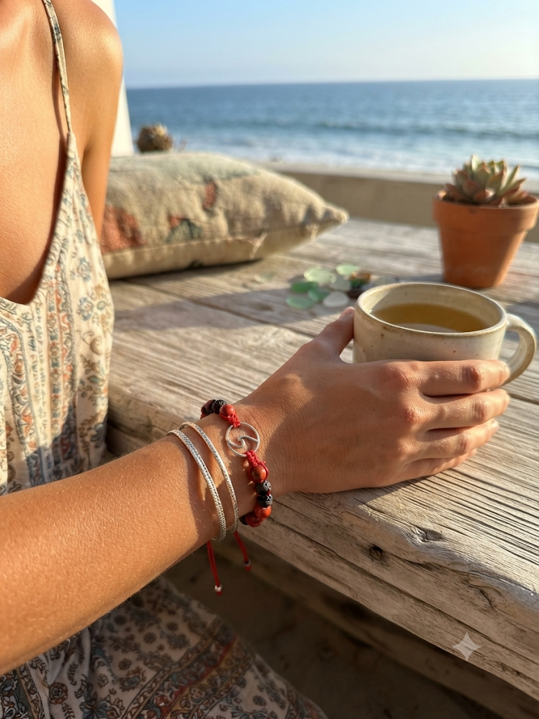 Ocean Wave Charm Macramé Bracelet – 6mm Gemstone & Lava Stone
