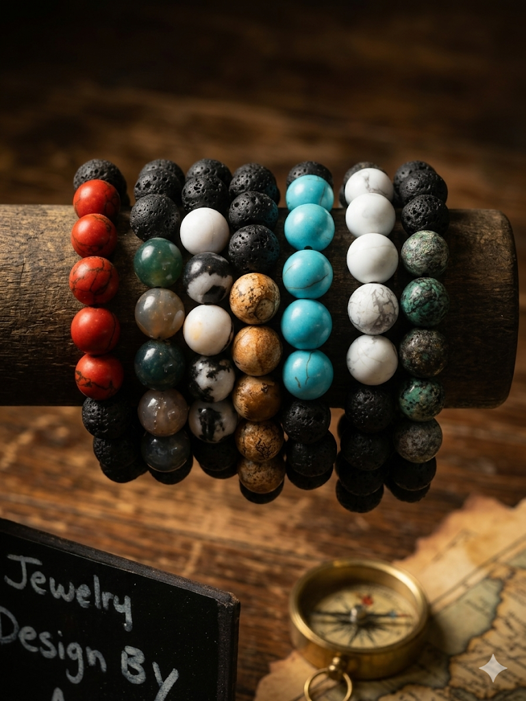 Lava & Gemstone Elastic Bracelet | Custom Size & Stones