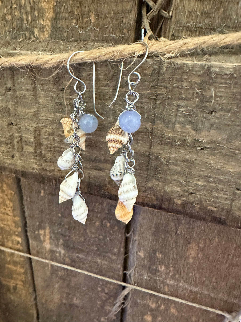 Seashell & Aquamarine Wire Wrapped Dangle Earrings