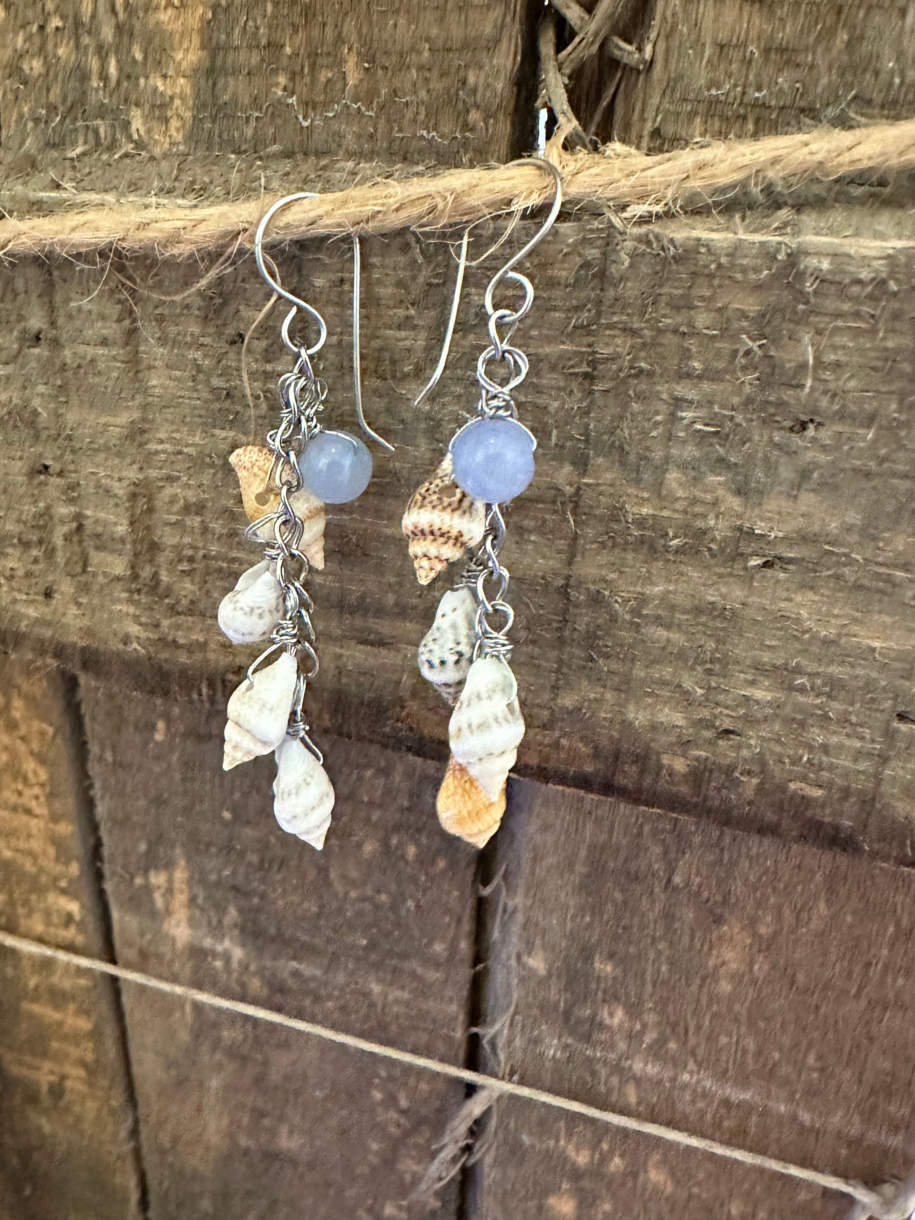 Seashell & Aquamarine Wire Wrapped Dangle Earrings