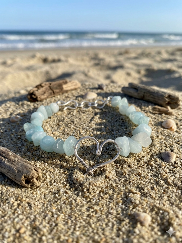 Aquamarine Chip Wire Wrapped Heart Bracelet