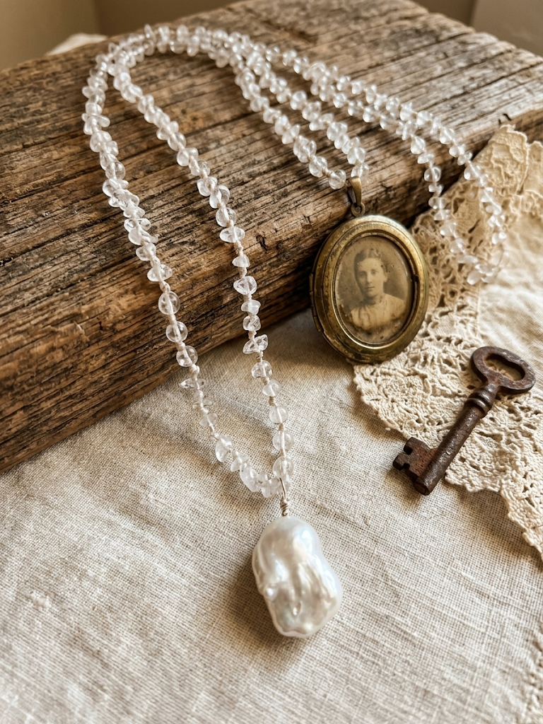 Flamball Pearl & Clear Quartz Necklace – 20" Handcrafted