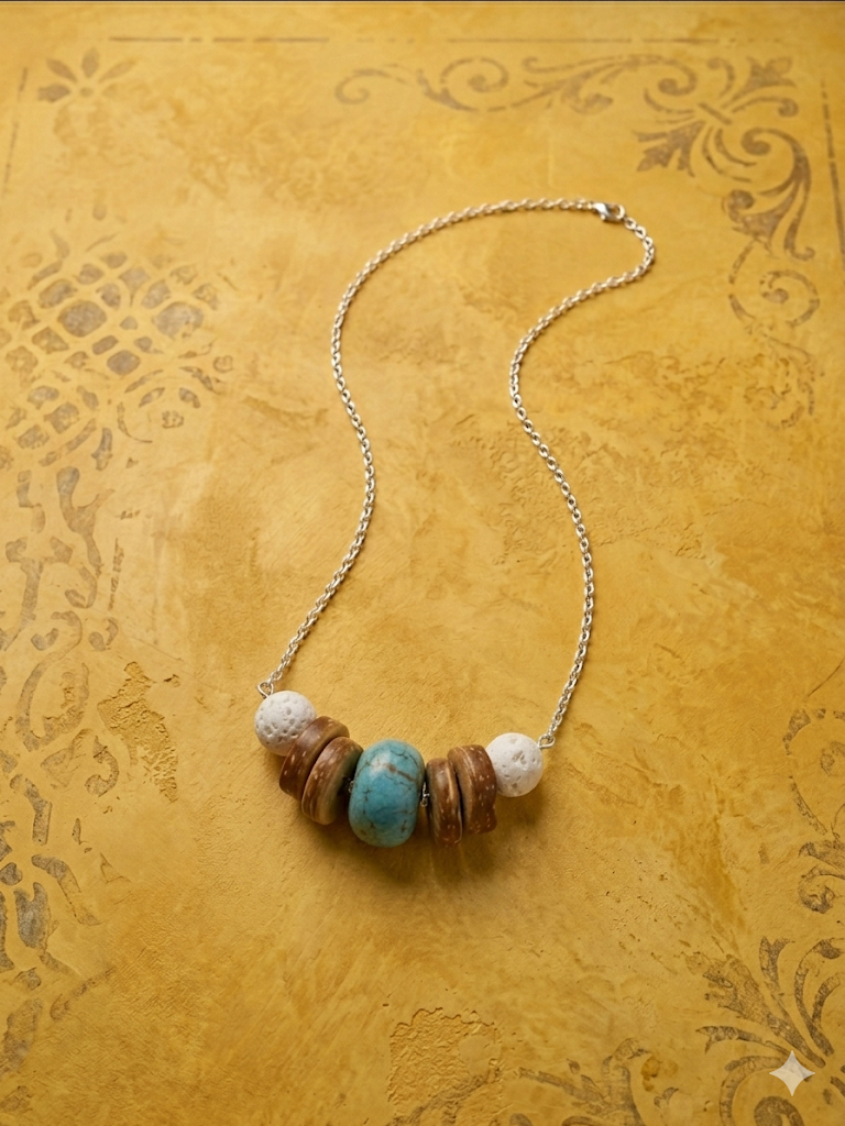 White Lava, Coconut Disc & Turquoise Beaded Necklace – Stainless Steel Chain