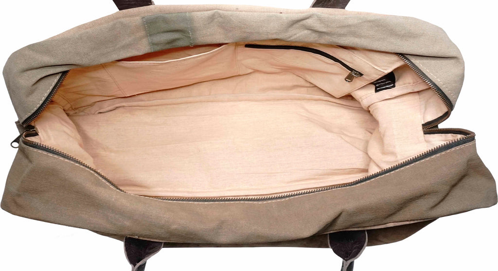 Recycled Military Tent Canvas Duffle Bag with Leather Handles