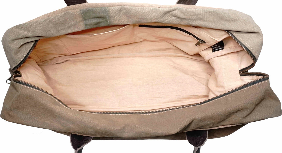 Recycled Military Tent Canvas Duffle Bag with Leather Handles