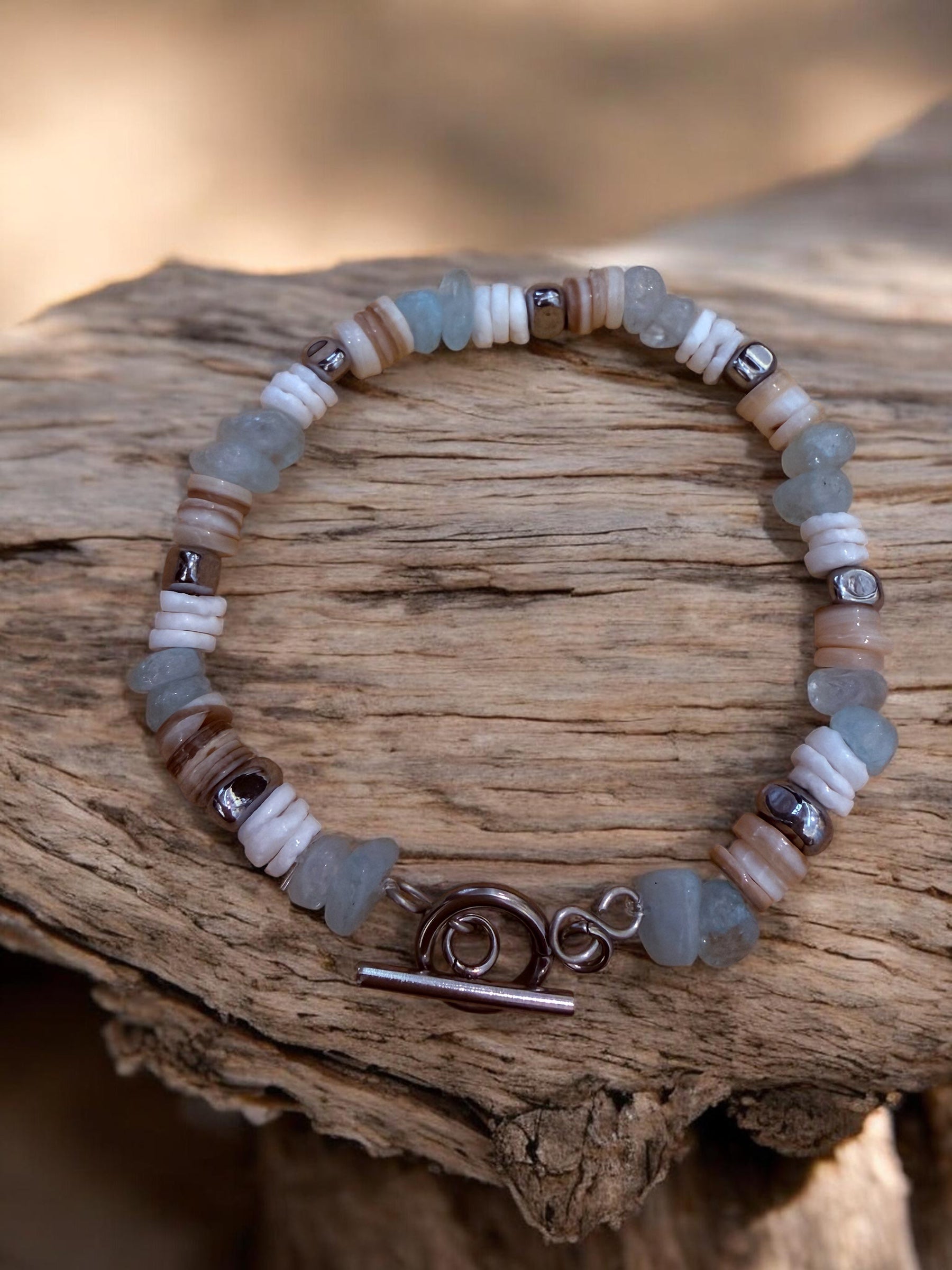 Aquamarine & Puka Shell Handmade Coastal Bracelet