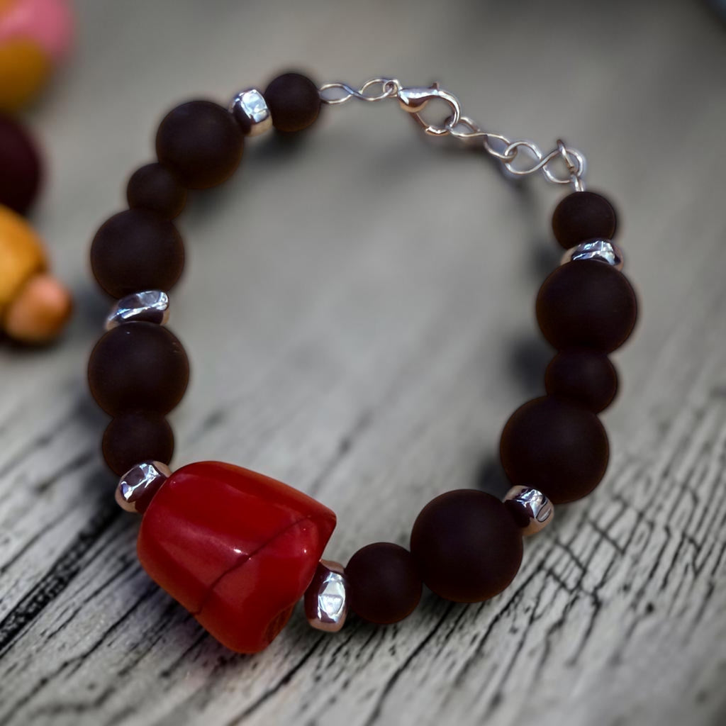 Red Jasper & Black Onyx Beaded Bracelet with Stainless Steel Clasp