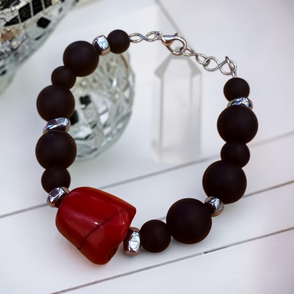 Red Jasper & Black Onyx Beaded Bracelet with Stainless Steel Clasp
