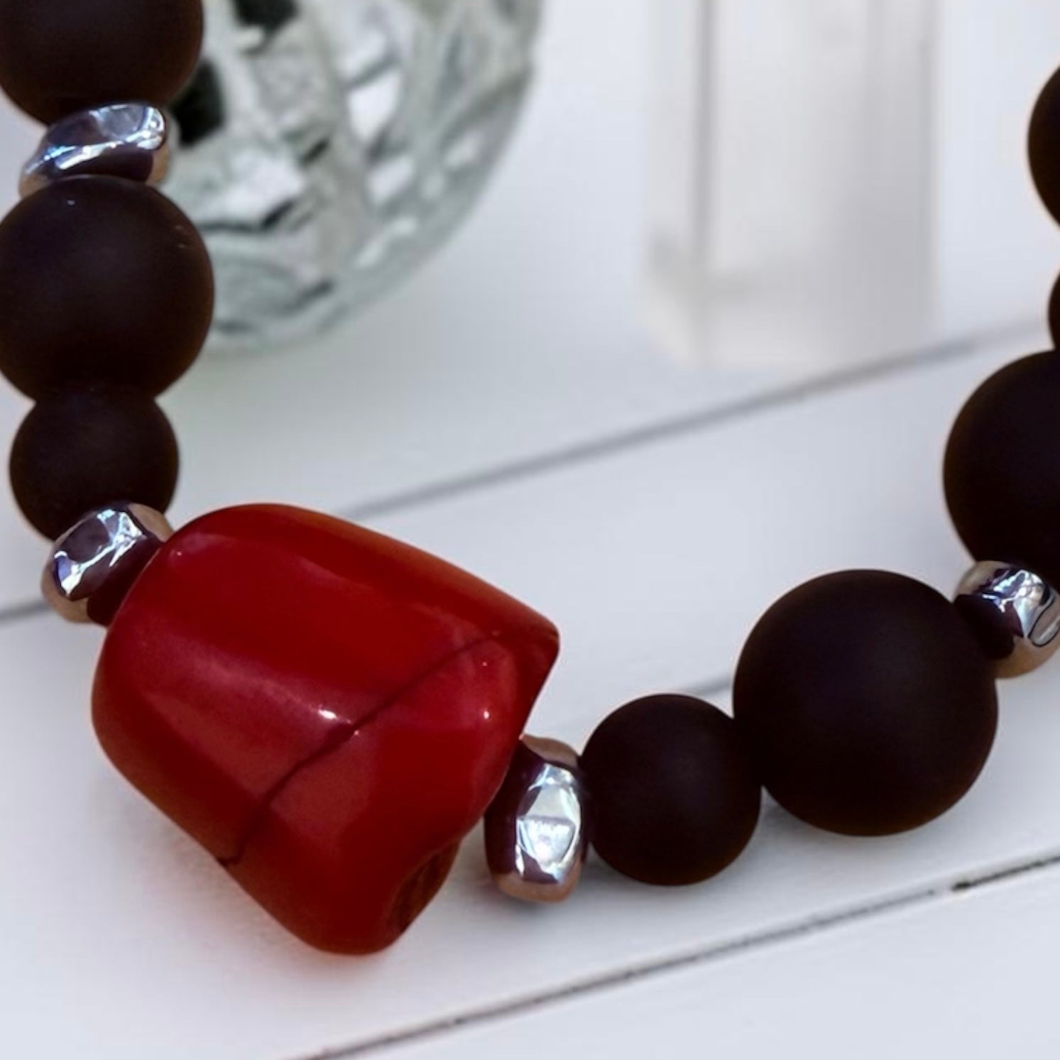 Red Jasper & Black Onyx Beaded Bracelet with Stainless Steel Clasp