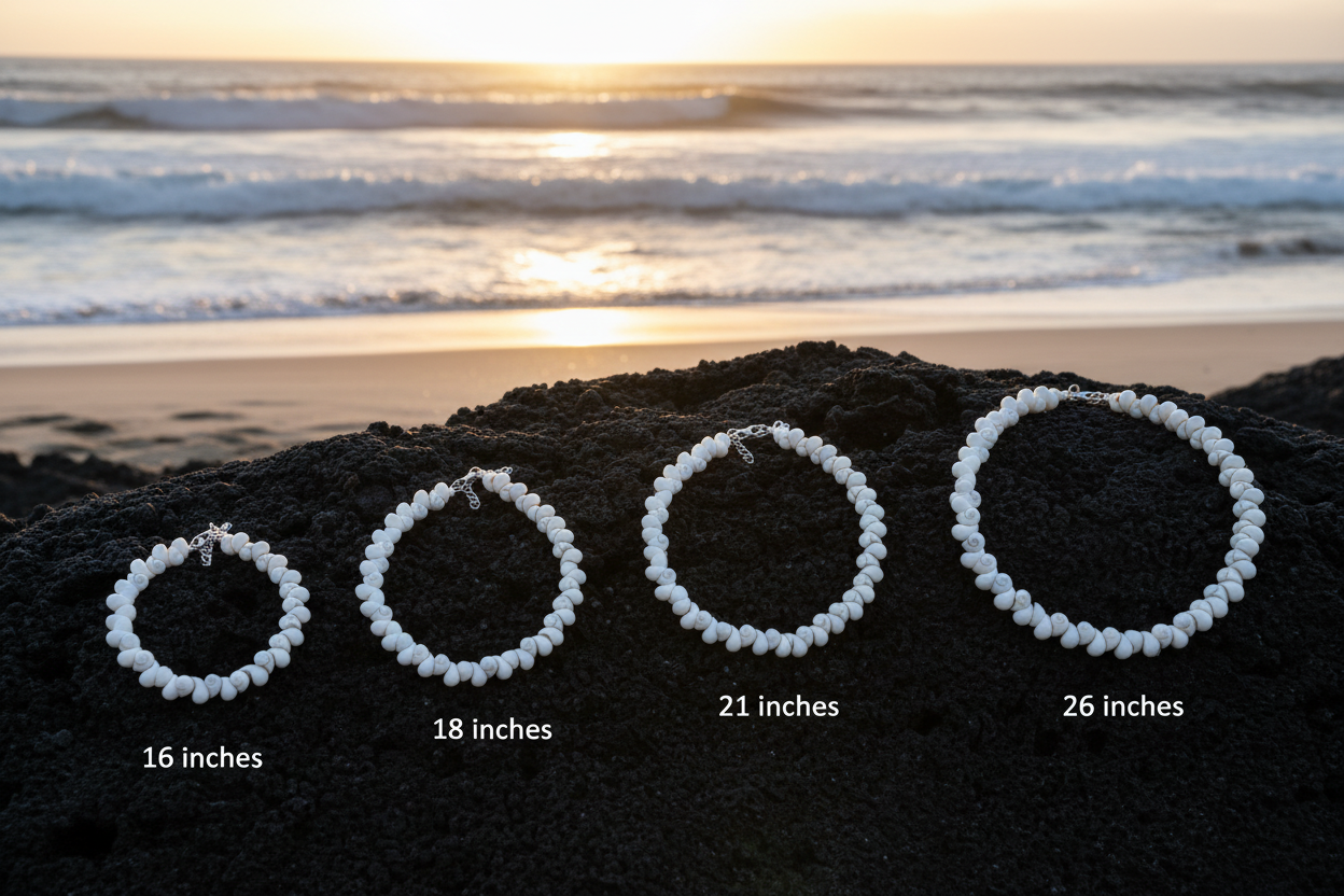 All 4 Shell Necklace Sizes on Lava Rock