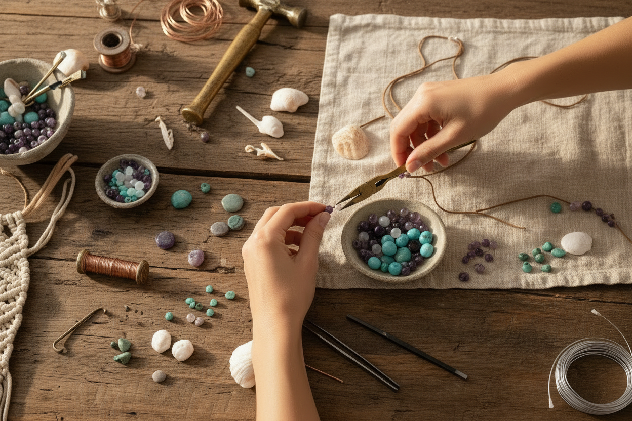 Close-up hands crafting jewelry on rustic table