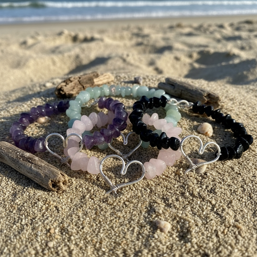Gemstone chip heart bracelets on beach with driftwood