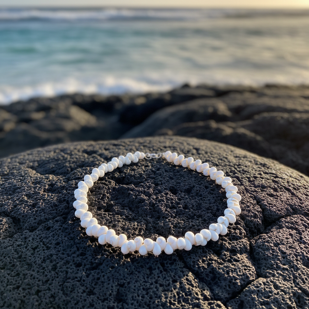 Mongo shell necklace on black lava rock