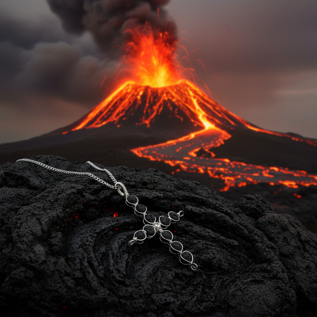 Lava Rock Cross Necklace - Volcano Eruption
