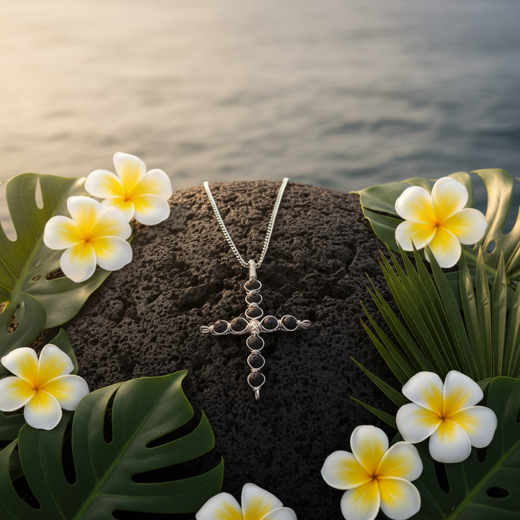 Lava Stone Cross - Flat Lay with Plumeria