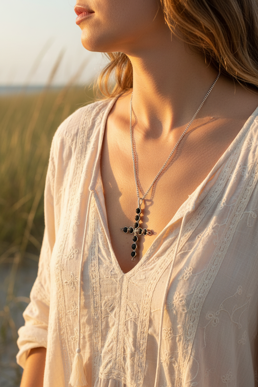 Lava Stone Cross Necklace Lifestyle