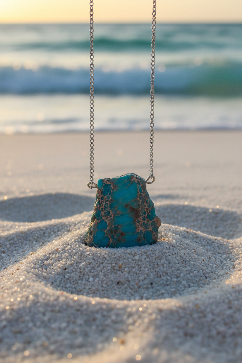 Raw Turquoise Necklace Close-Up Beach