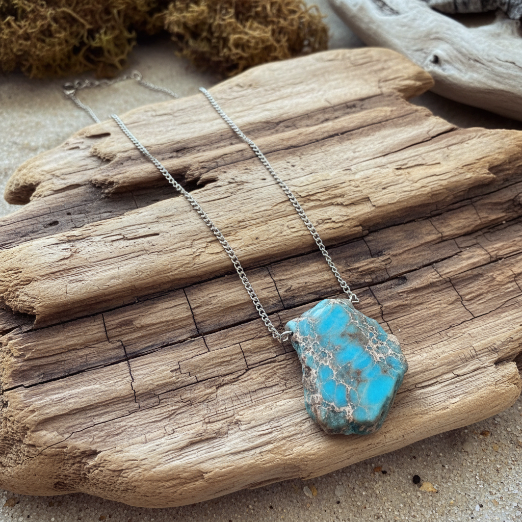 Raw Turquoise Necklace on Driftwood
