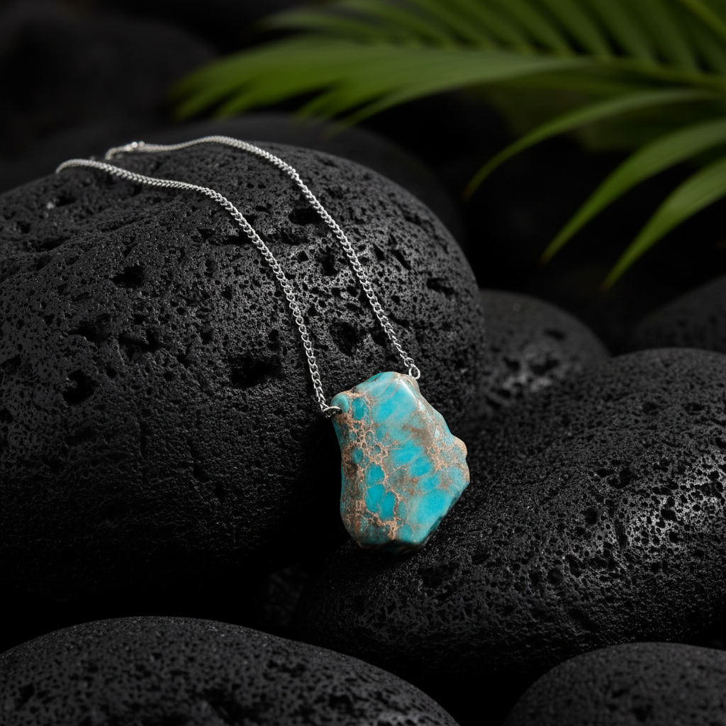 Raw Turquoise Necklace on Lava Rock