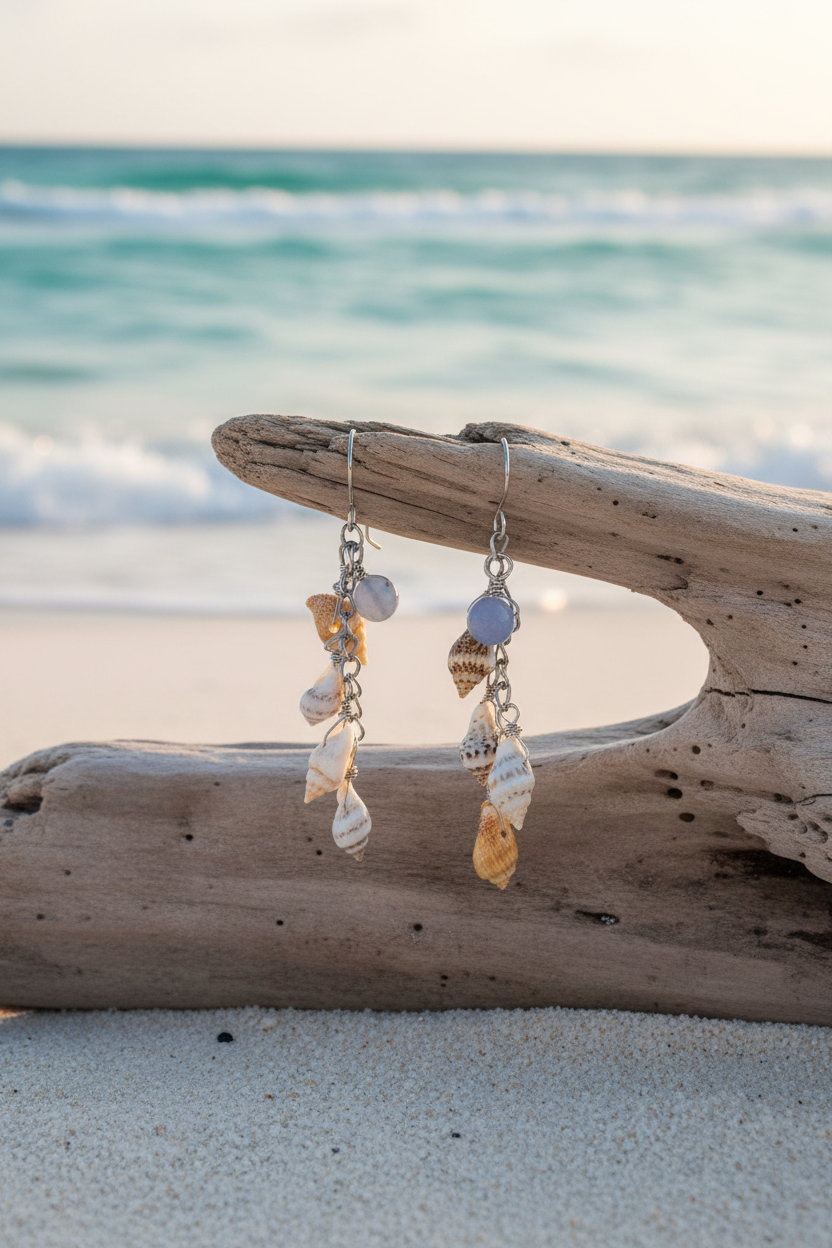 Shell and blue chalcedony earrings - elevated coastal product photo