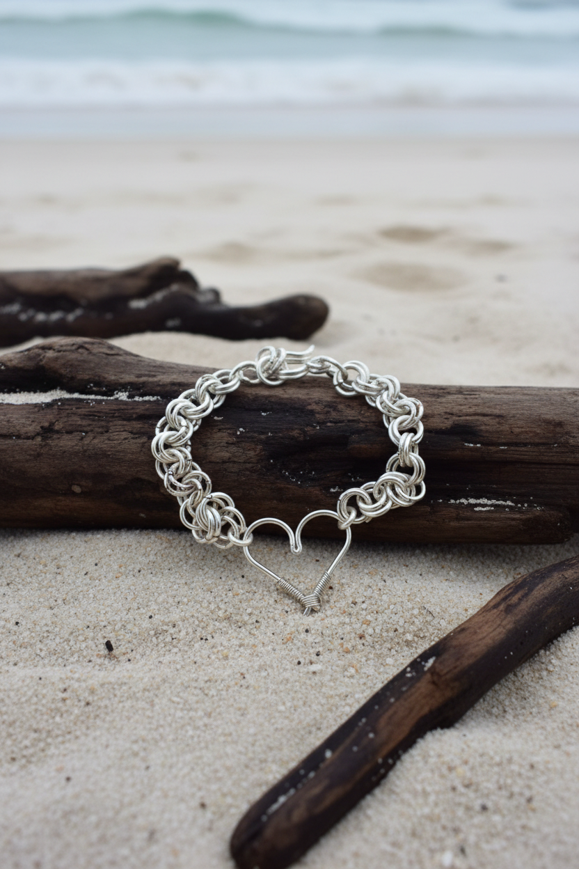 Silver Heart Charm Chainmaille Bracelet