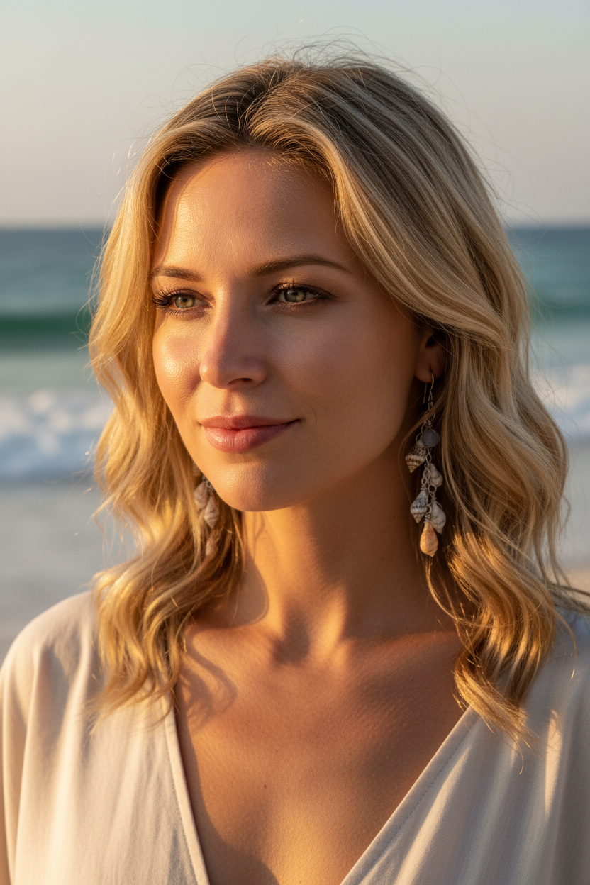 Woman wearing seashell wire-wrapped earrings with ocean background